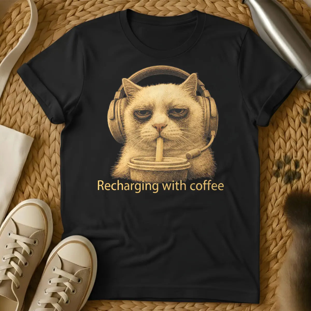 Funny Gamer Cat Tee - Black T-Shirt - afk cat, controller obstructor, gaming lap warmer