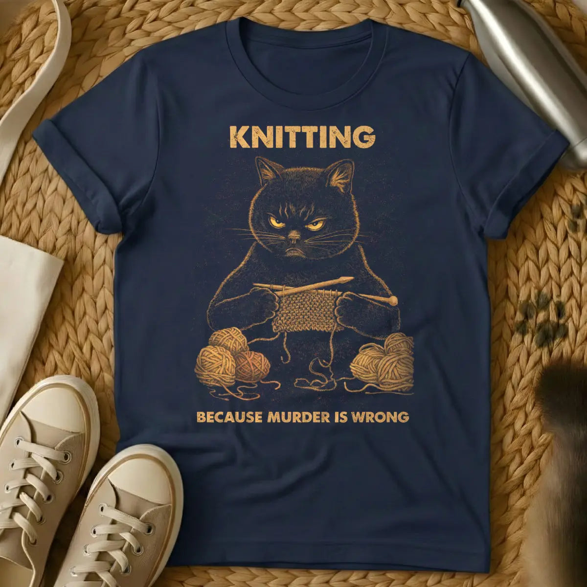 Funny Knitting Cat Tee - Navy T-Shirt - crafter's pet problem, feline stitch destroyer, knitting cat saboteur