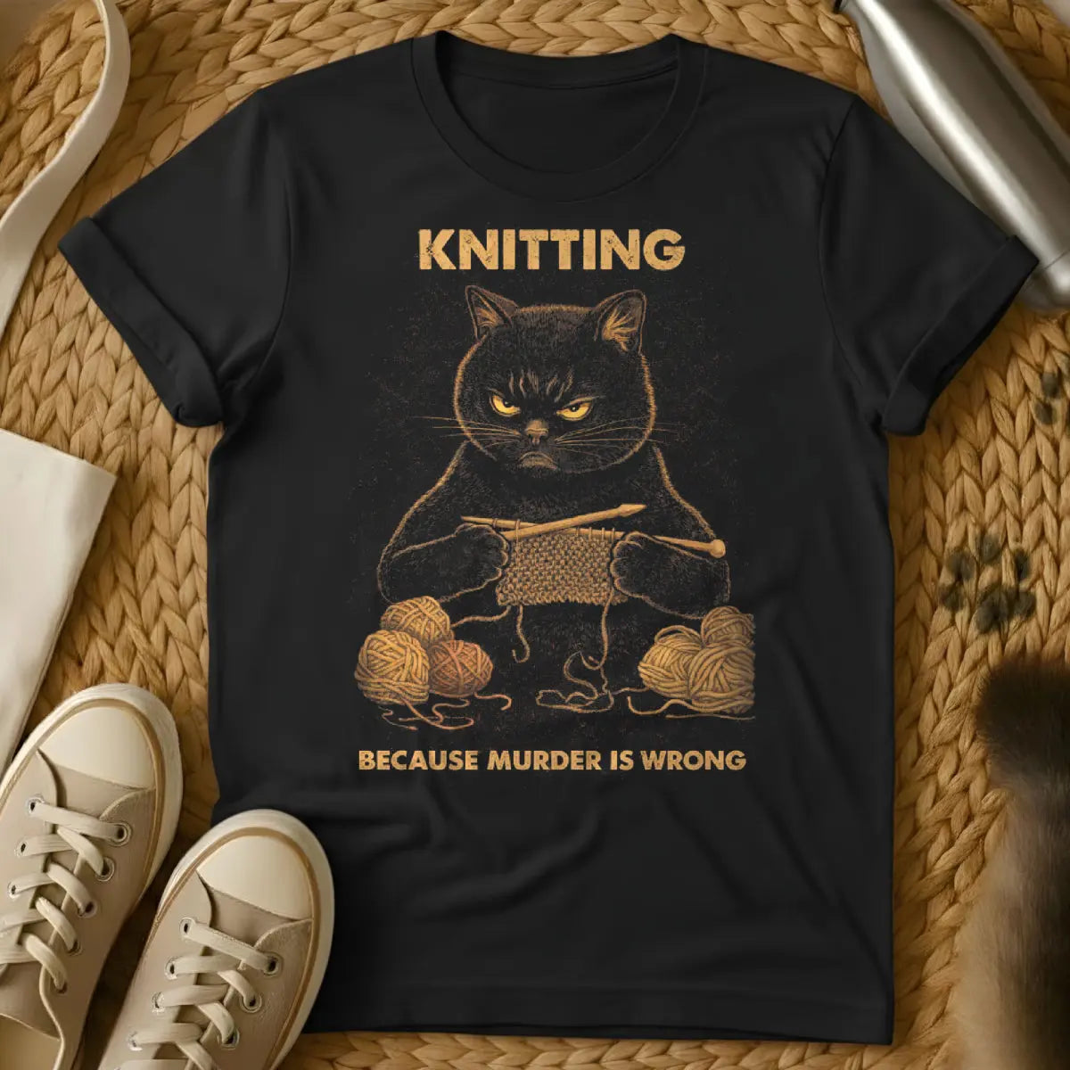 Funny Knitting Cat Tee - Black T-Shirt - crafter's pet problem, feline stitch destroyer, knitting cat saboteur