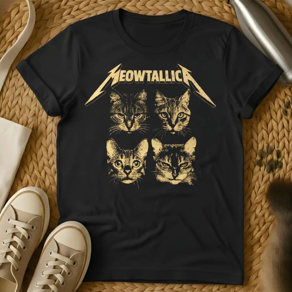 Meowtallica 猫Tシャツ　サイズL ミャウタリカ猫Tシャツ｜おもしろヘビメタ猫柄 – MewTee