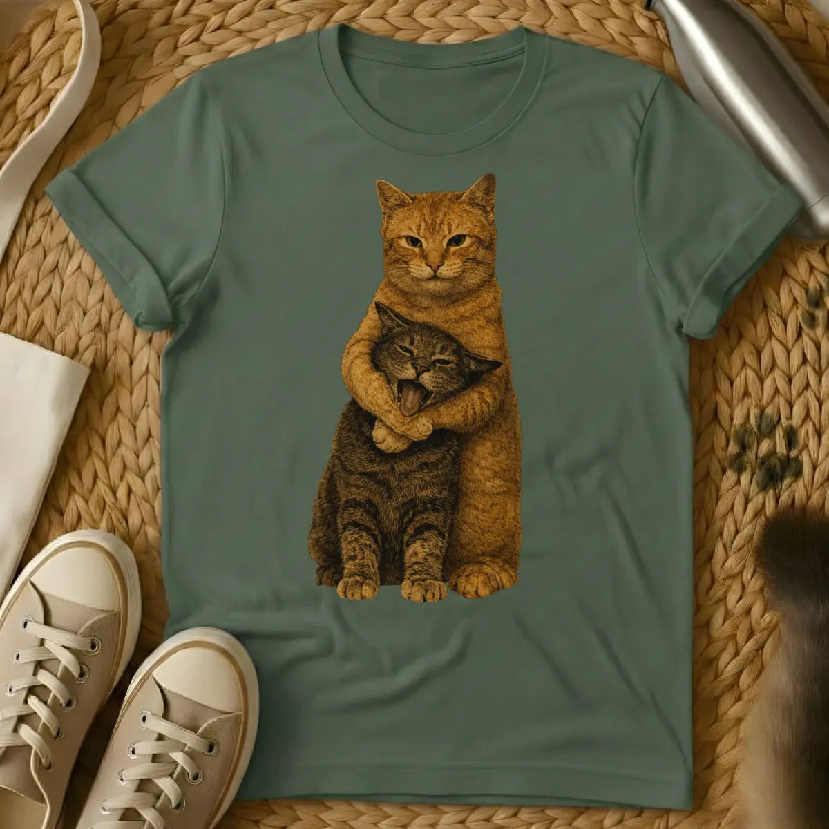 Hugging Cats Shirt - Military Green Cat T-Shirt