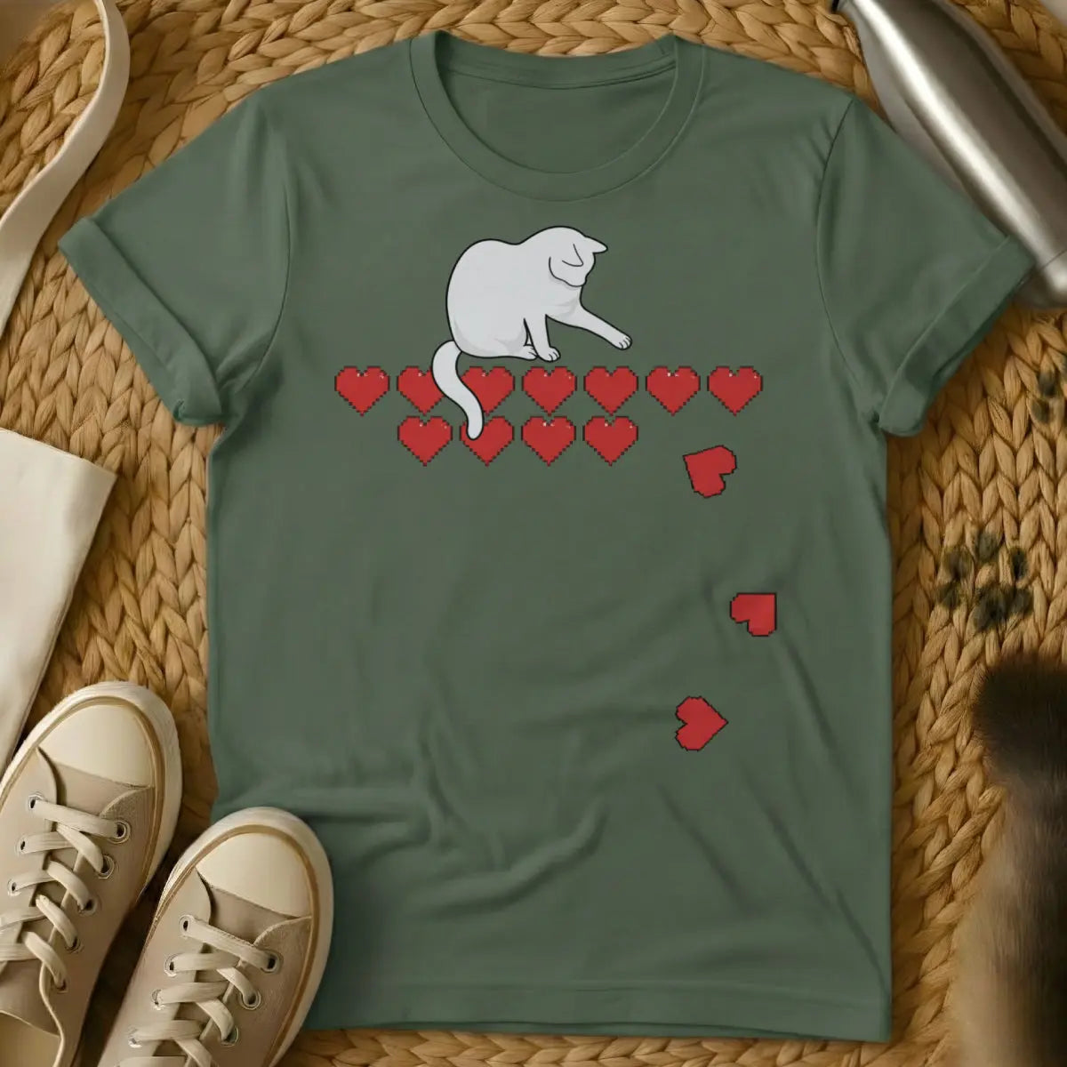 Cat Health Bar Shirt - Military Green T-Shirt - gamer cat, pixel art gaming, rpg humor
