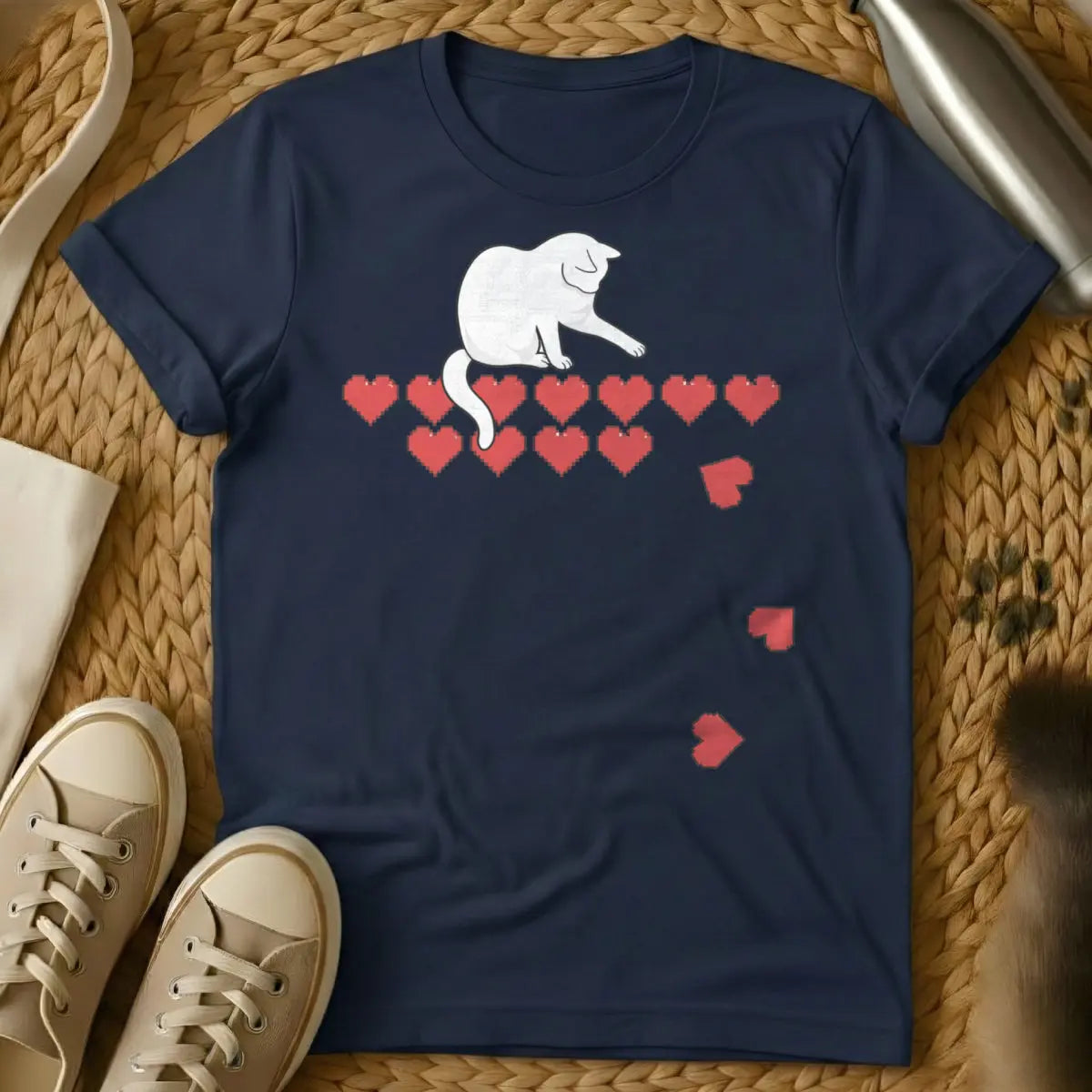 Cat Health Bar Shirt - Navy T-Shirt - gamer cat, pixel art gaming, rpg humor