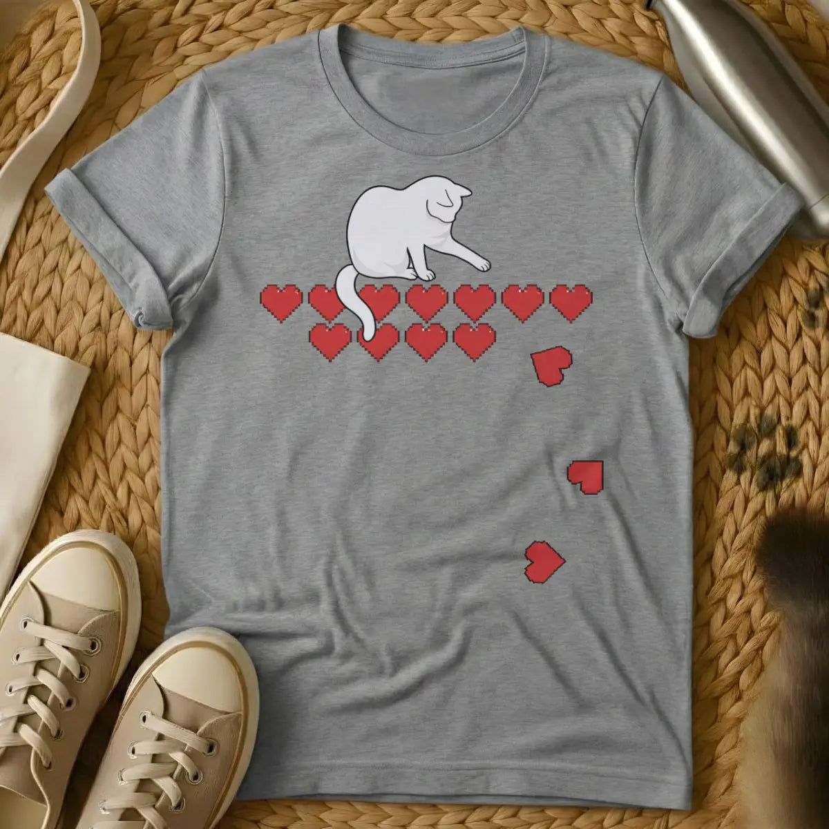 Cat Health Bar Shirt - Gray T-Shirt - gamer cat, pixel art gaming, rpg humor