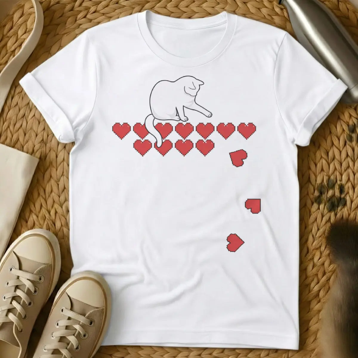 Cat Health Bar Shirt - White T-Shirt - gamer cat, pixel art gaming, rpg humor