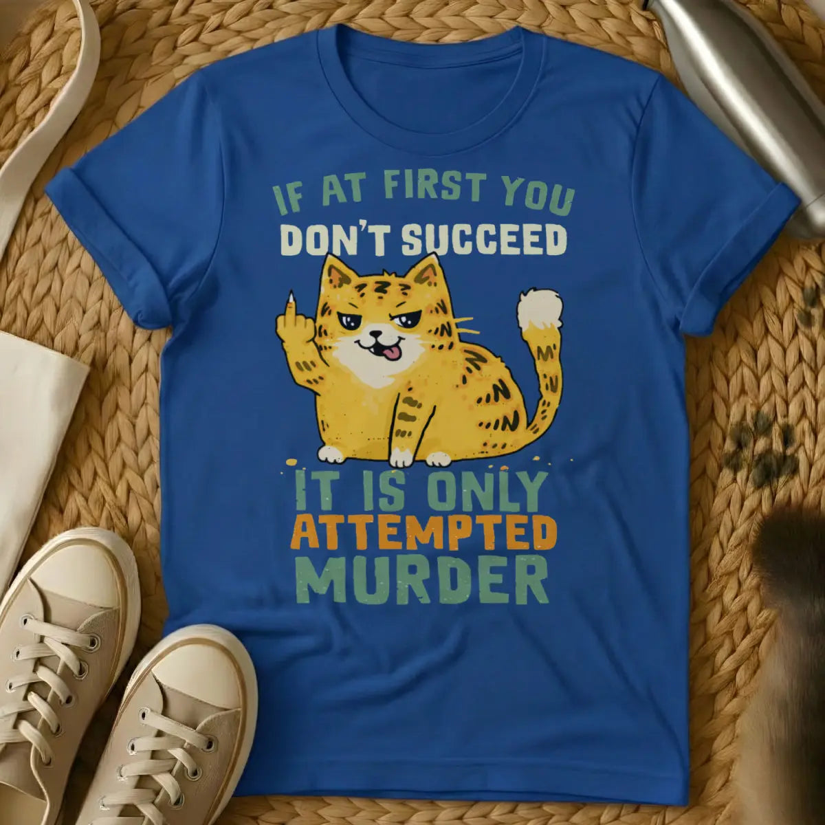 Attempted Murder Cat Shirt - Blue T-Shirt - ankle biter humor, cat owner relatable, dark humor pet
