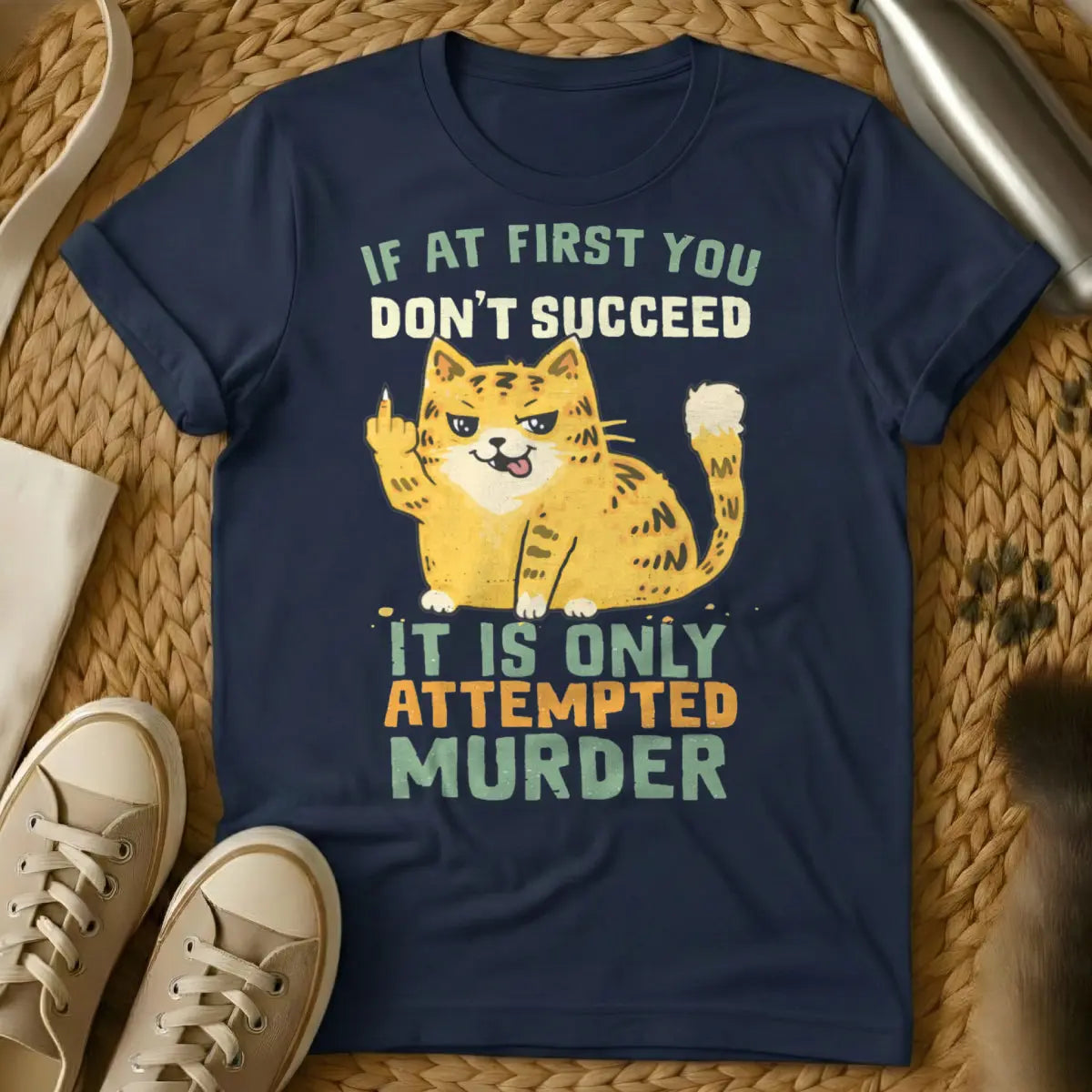 Attempted Murder Cat Shirt - Navy T-Shirt - ankle biter humor, cat owner relatable, dark humor pet