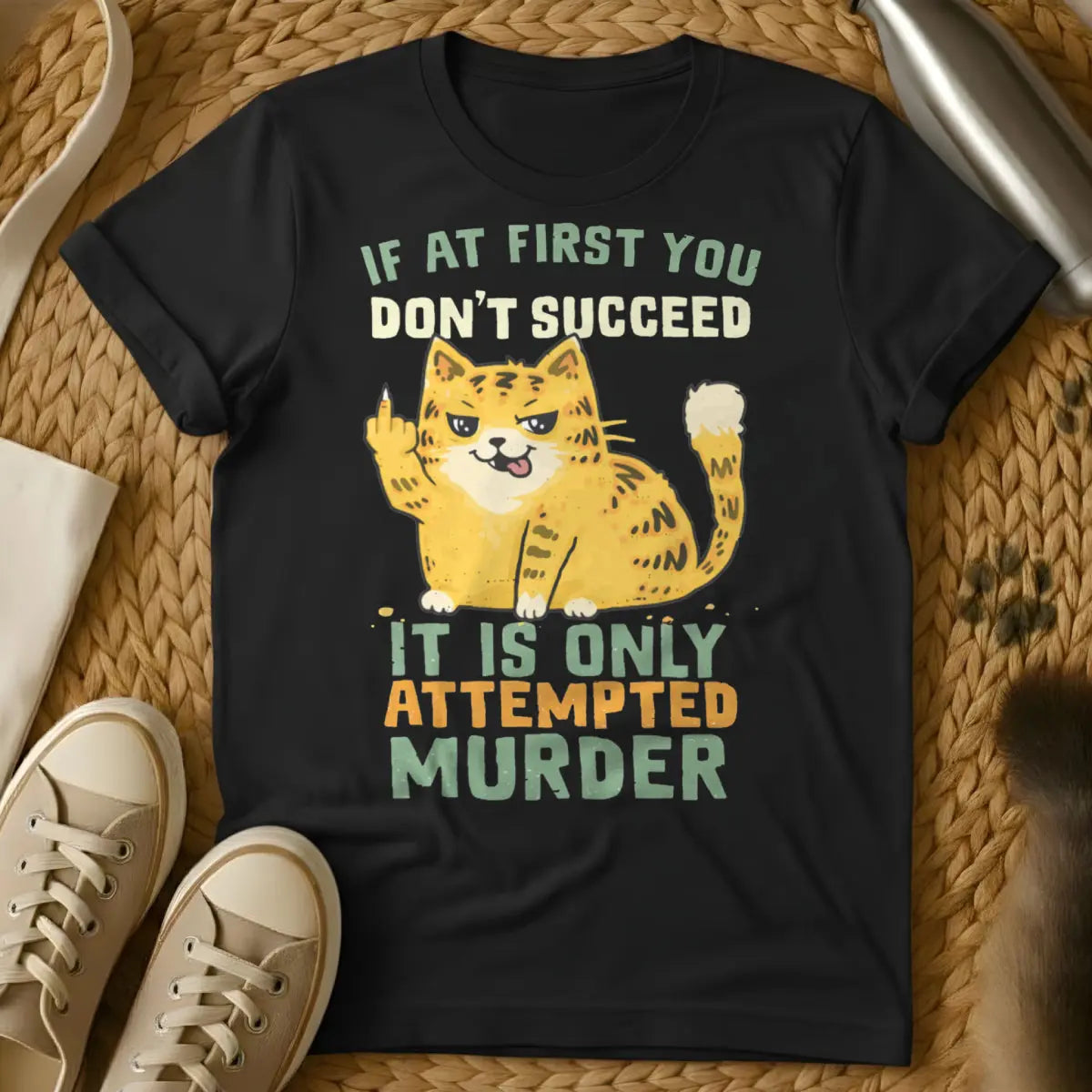 Attempted Murder Cat Shirt - Black T-Shirt - ankle biter humor, cat owner relatable, dark humor pet