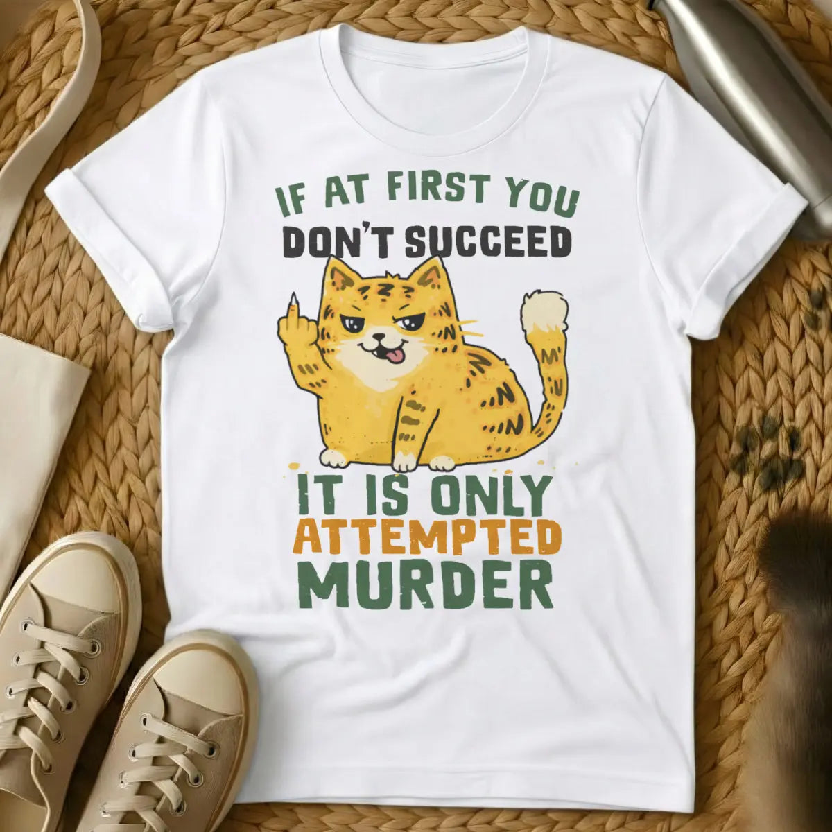 Attempted Murder Cat Shirt - White T-Shirt - ankle biter humor, cat owner relatable, dark humor pet