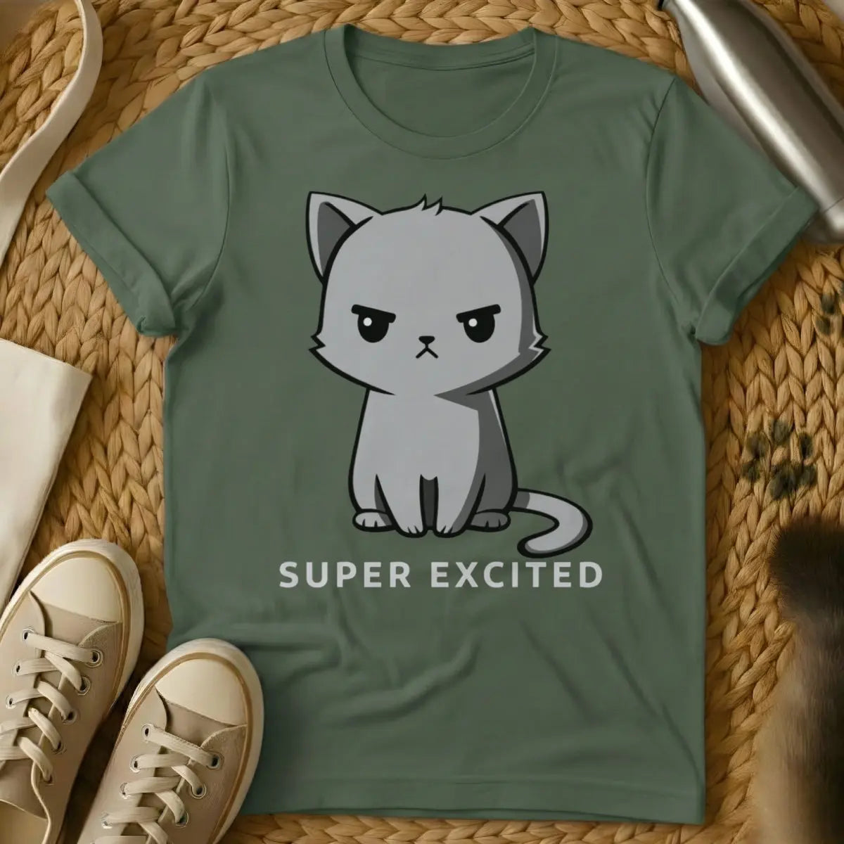 Super Excited Cat Shirt - Military Green Cat T-Shirt