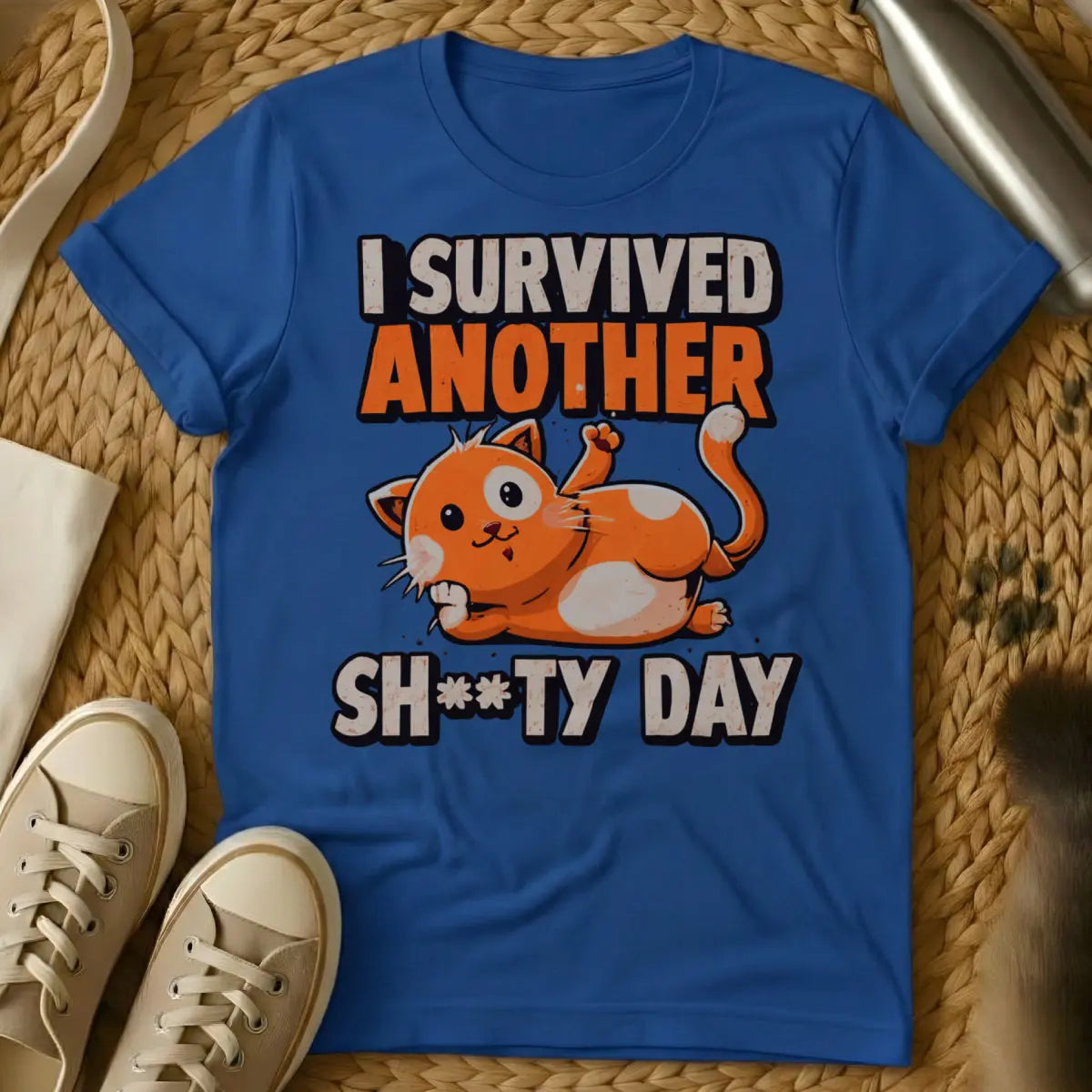 Funny Cat Survival Shirt - Blue T-Shirt - cat survivalist chic, gaming cat humor, nine lives motif