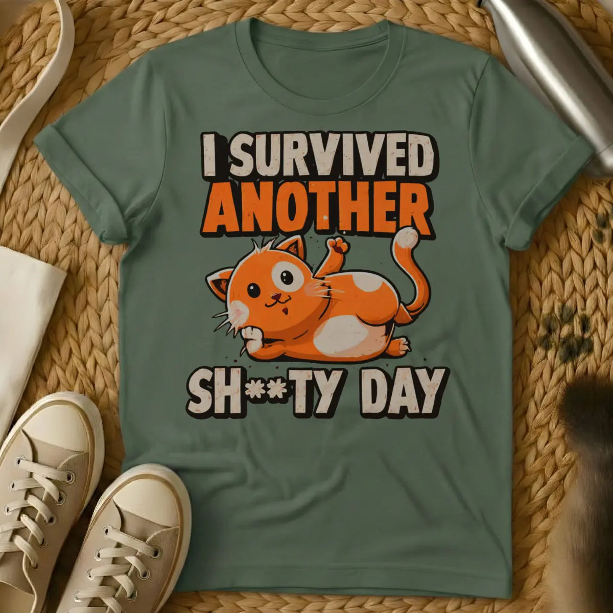 Funny Cat Survival Shirt - Military Green T-Shirt - cat survivalist chic, gaming cat humor, nine lives motif