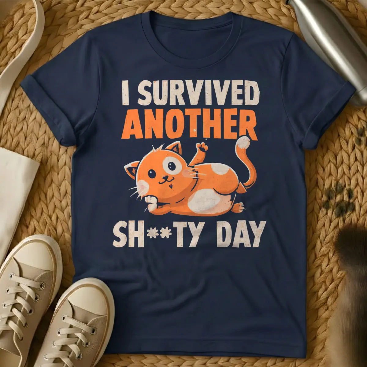 Funny Cat Survival Shirt - Navy T-Shirt - cat survivalist chic, gaming cat humor, nine lives motif