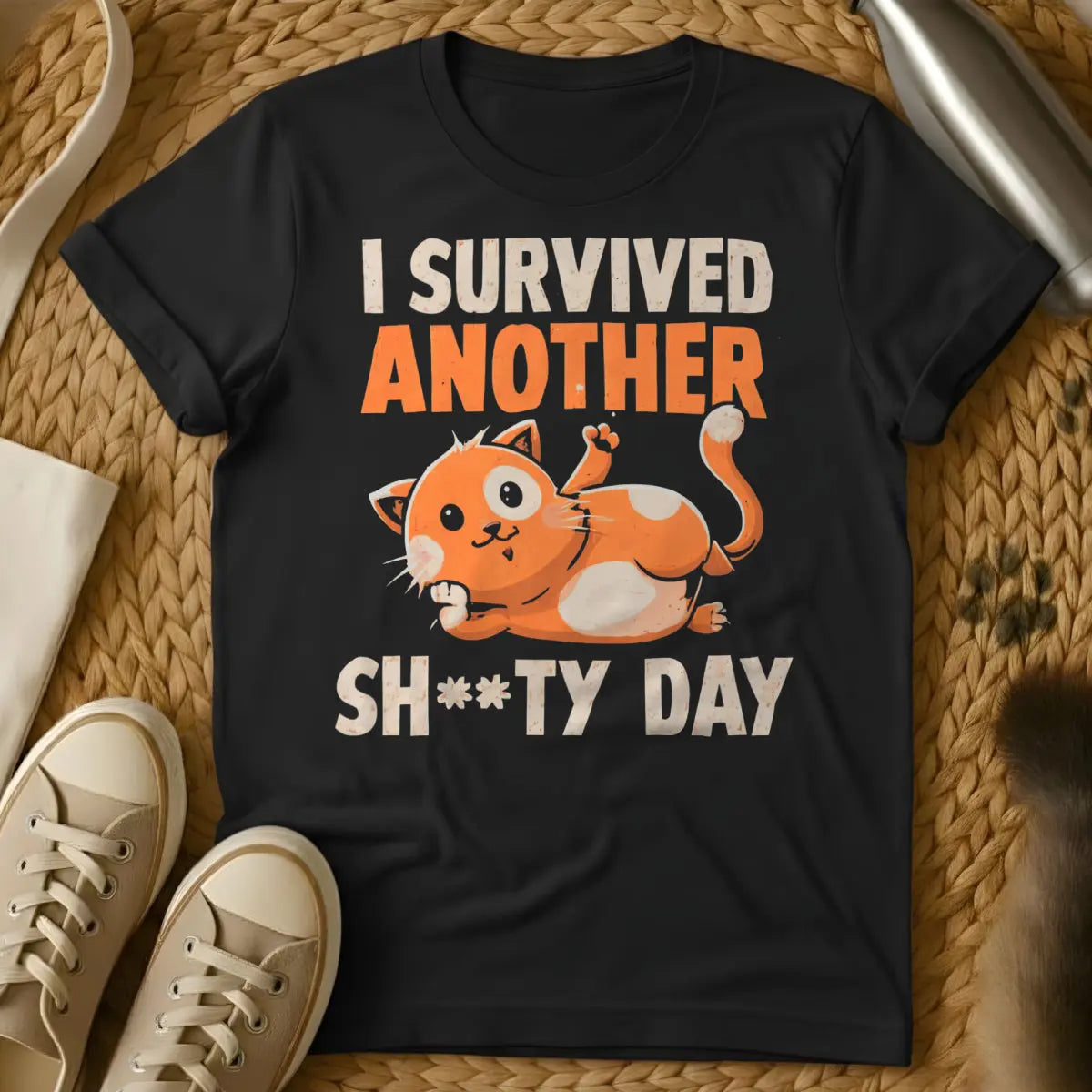 Funny Cat Survival Shirt - Black T-Shirt - cat survivalist chic, gaming cat humor, nine lives motif