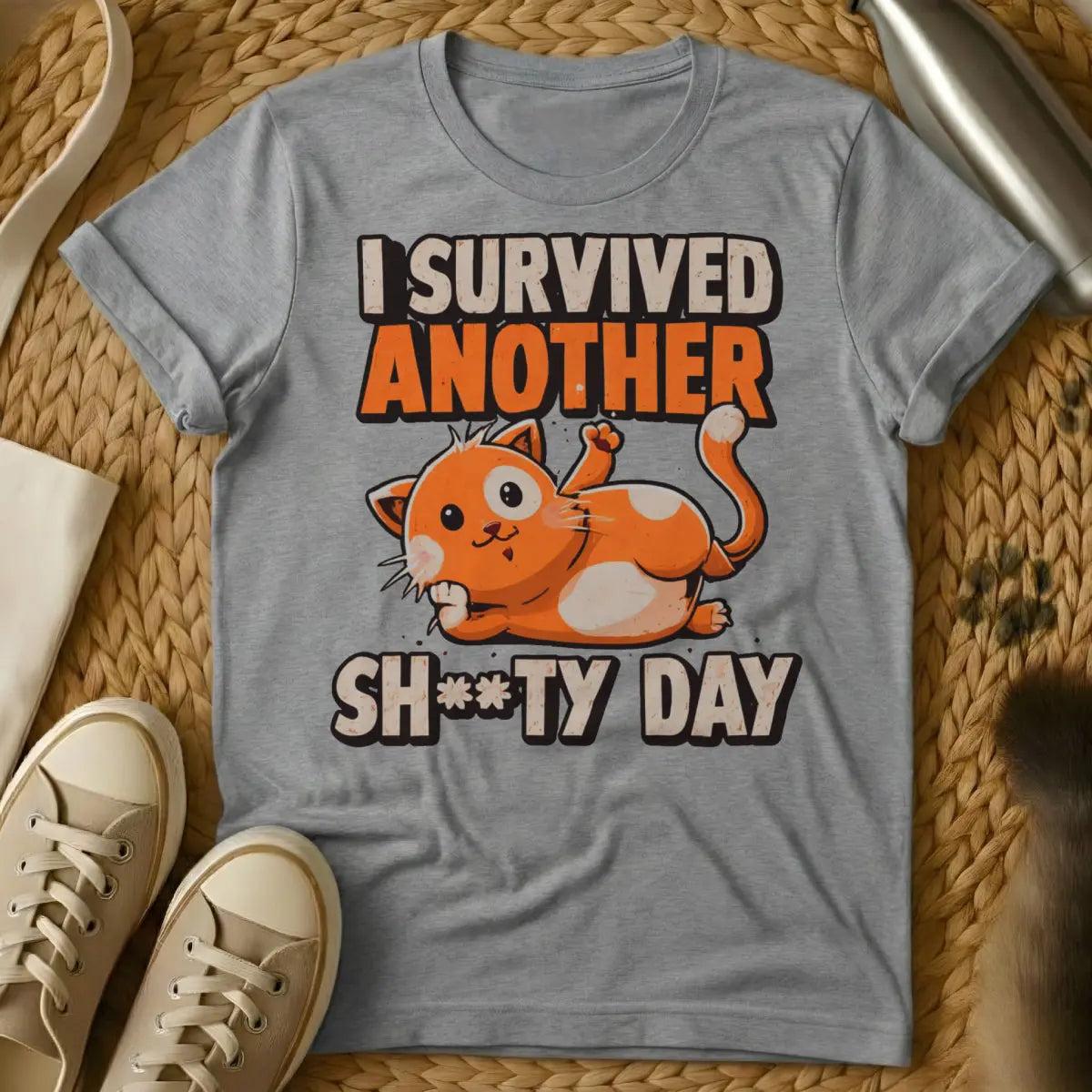 Funny Cat Survival Shirt - Gray T-Shirt - cat survivalist chic, gaming cat humor, nine lives motif