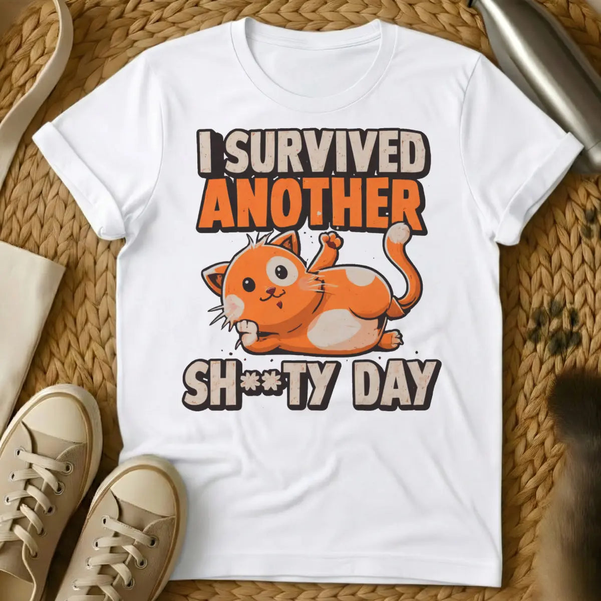 Funny Cat Survival Shirt - White T-Shirt - cat survivalist chic, gaming cat humor, nine lives motif