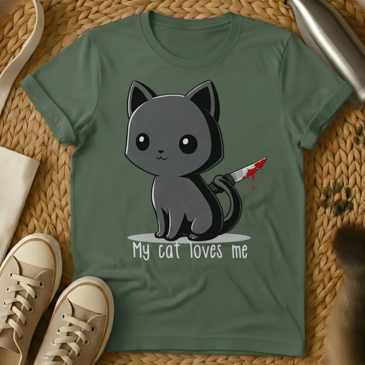Psycho Cat Loves Me Tee - Military Green Cat T-Shirt