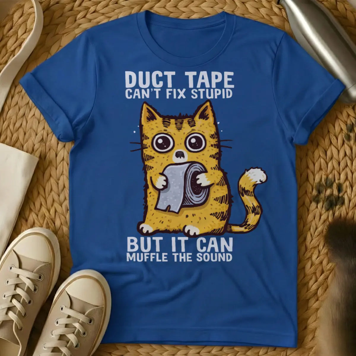 Funny Cat Duct Tape Tee - Blue T-Shirt - absurdist pet humor, cat anarchy, diy pet fails