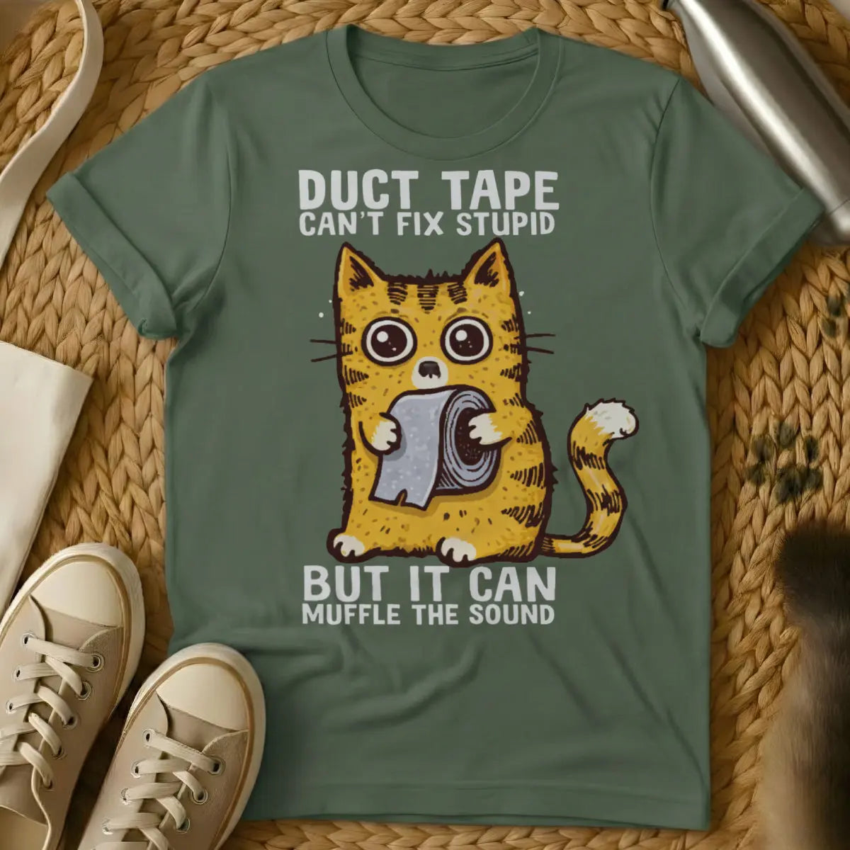 Funny Cat Duct Tape Tee - Military Green T-Shirt - absurdist pet humor, cat anarchy, diy pet fails