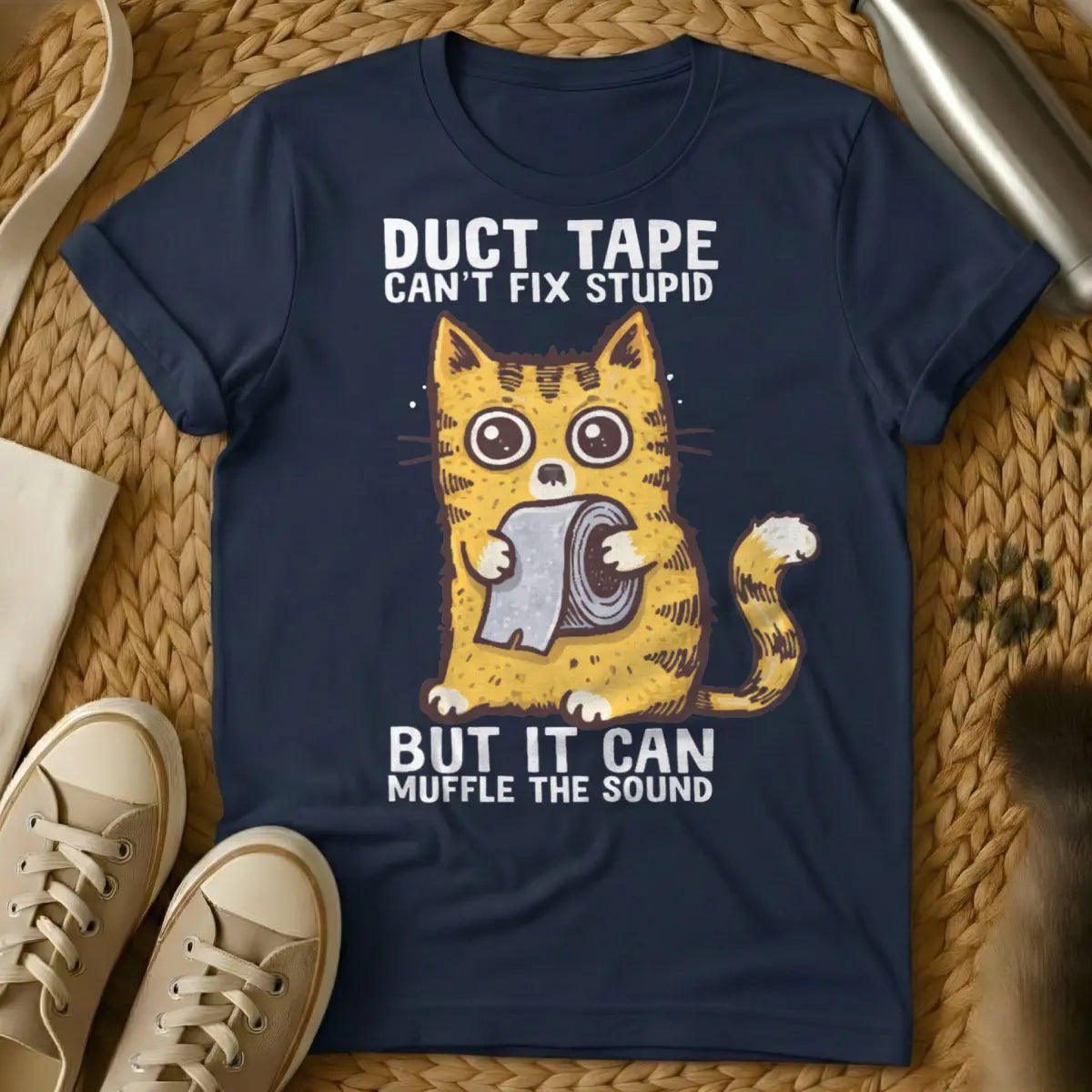 Funny Cat Duct Tape Tee - Navy T-Shirt - absurdist pet humor, cat anarchy, diy pet fails