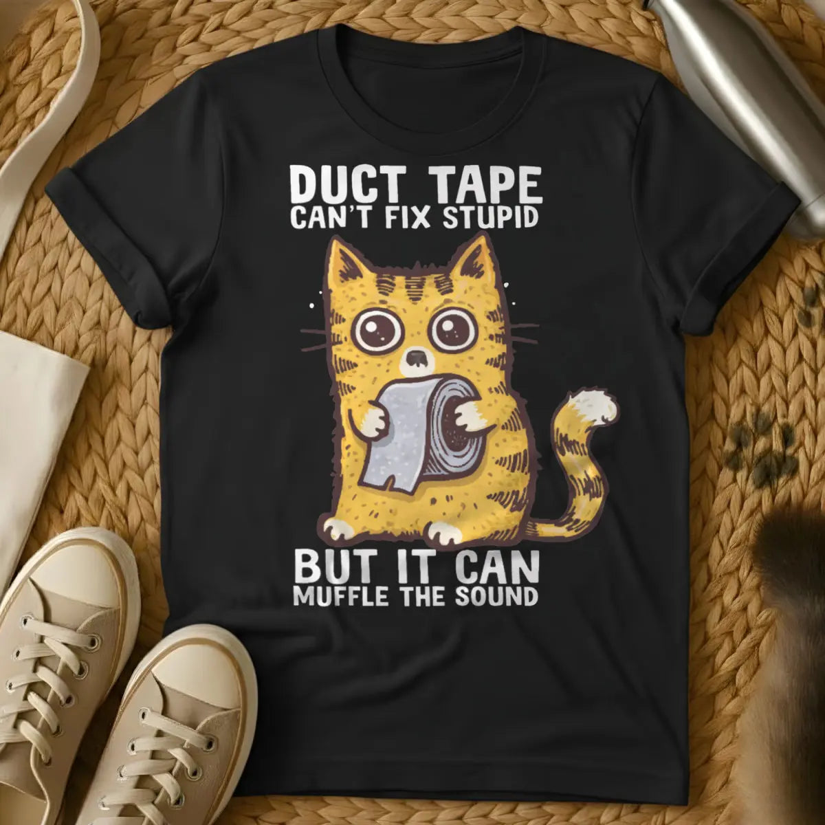 Funny Cat Duct Tape Tee - Black T-Shirt - absurdist pet humor, cat anarchy, diy pet fails