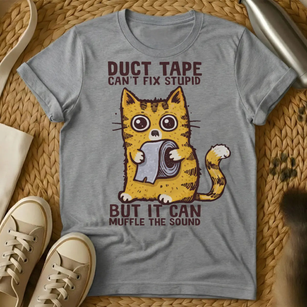 Funny Cat Duct Tape Tee - Gray T-Shirt - absurdist pet humor, cat anarchy, diy pet fails