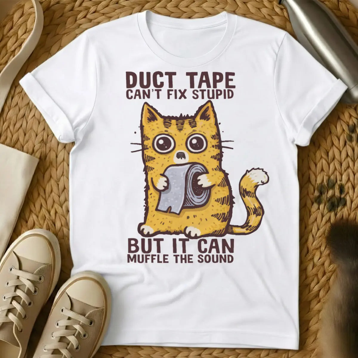 Funny Cat Duct Tape Tee - White T-Shirt - absurdist pet humor, cat anarchy, diy pet fails