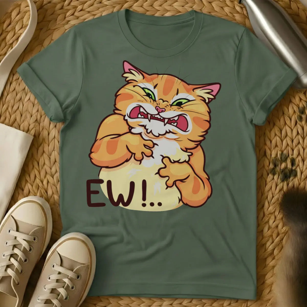 Ew Cat Shirt - Military Green T-Shirt - deadpan cat humor, introvert reaction tee, sarcastic pet apparel