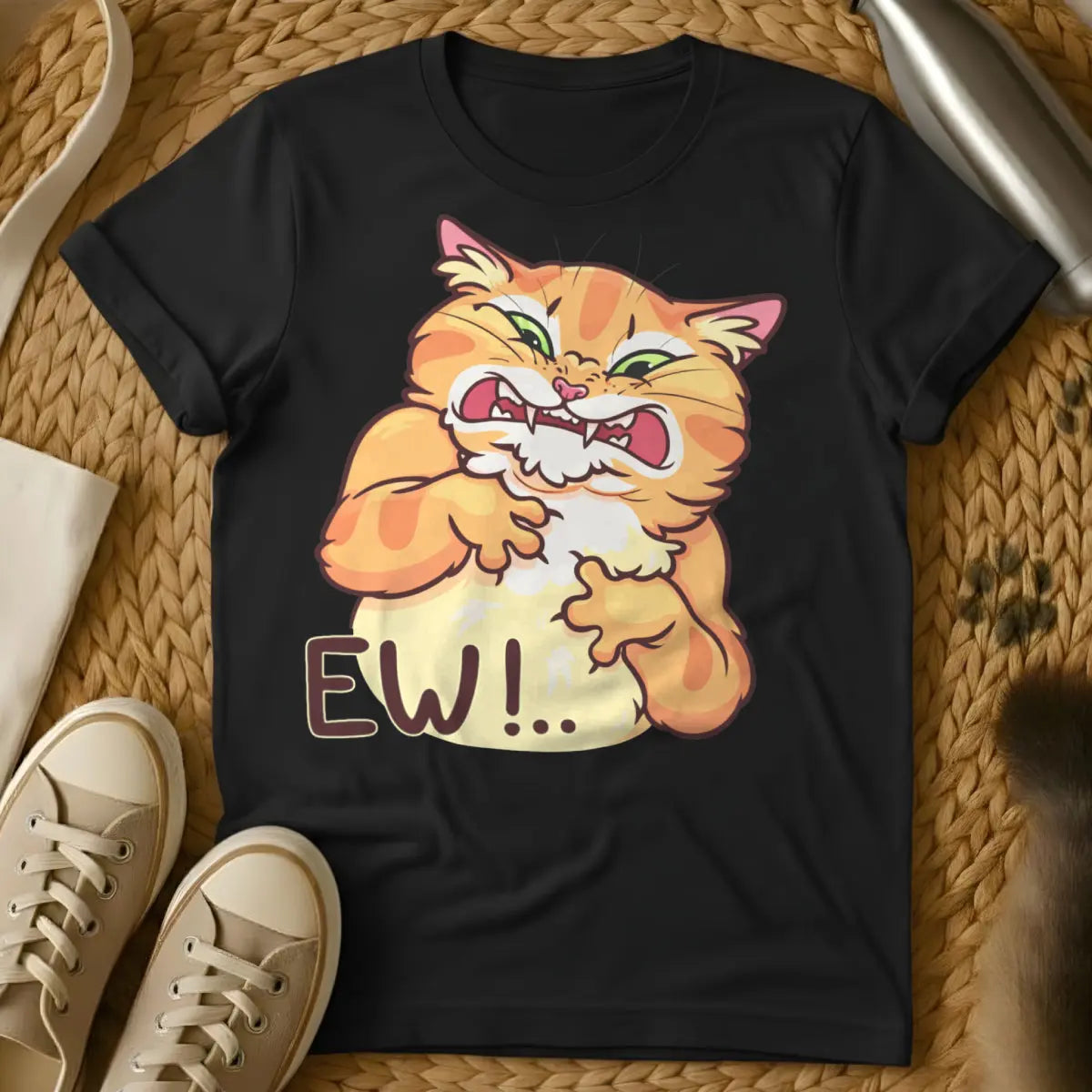 Ew Cat Shirt - Black T-Shirt - deadpan cat humor, introvert reaction tee, sarcastic pet apparel