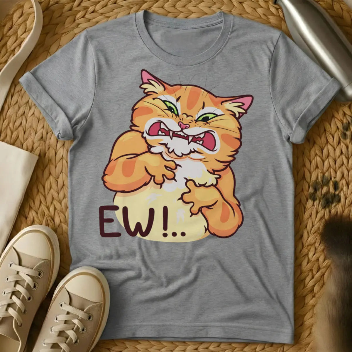 Ew Cat Shirt - Gray T-Shirt - deadpan cat humor, introvert reaction tee, sarcastic pet apparel