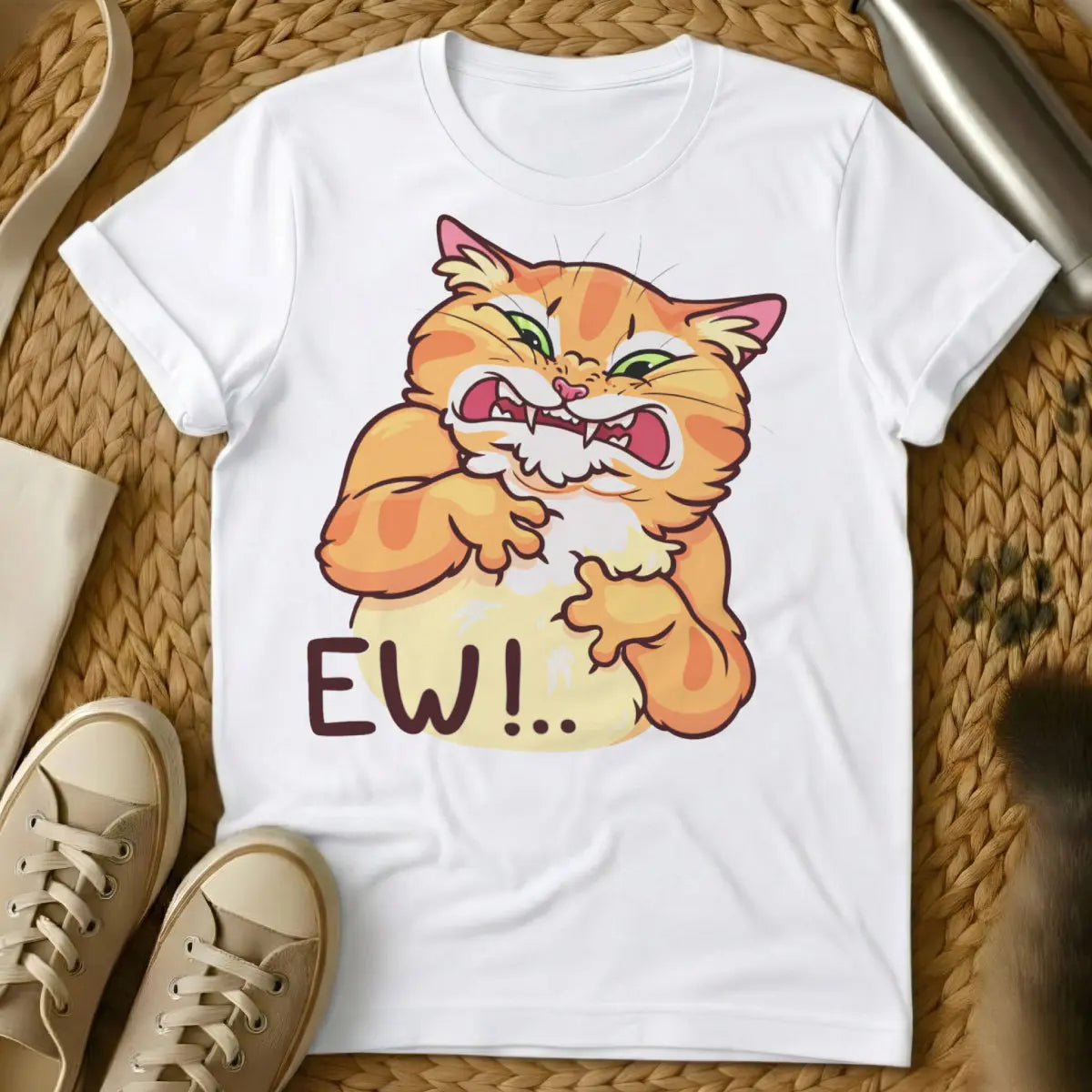 Ew Cat Shirt - White T-Shirt - deadpan cat humor, introvert reaction tee, sarcastic pet apparel