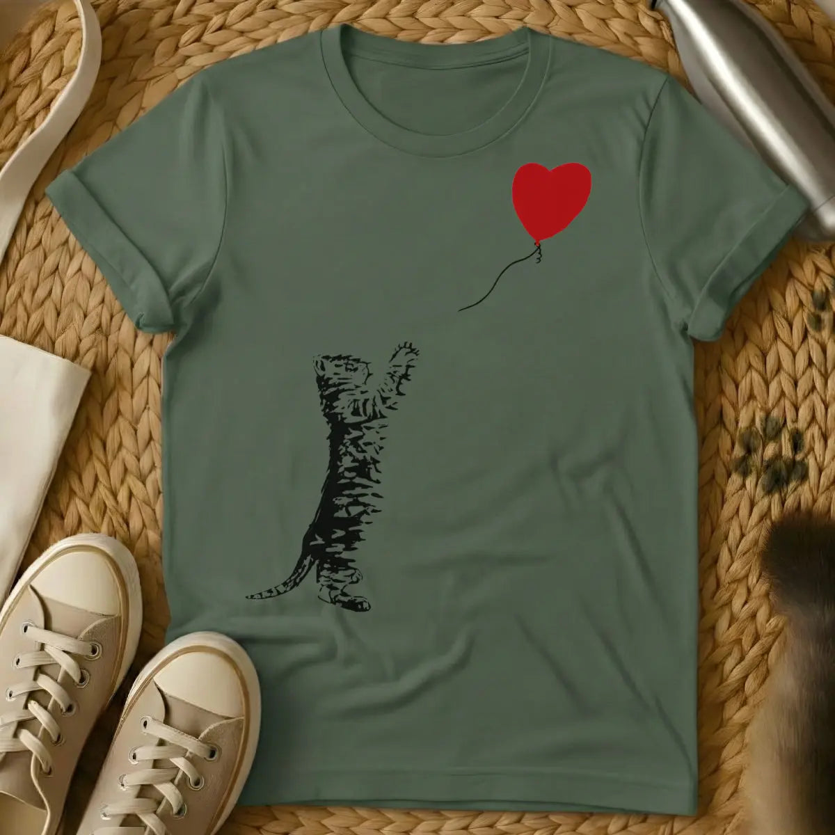 Banksy Cat Shirt - Military Green T-Shirt - guerilla art, stencil art, street art aesthetic