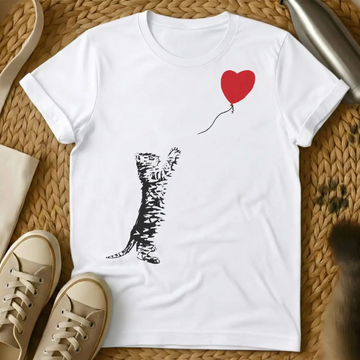 Banksy Cat Shirt - White T-Shirt - guerilla art, stencil art, street art aesthetic