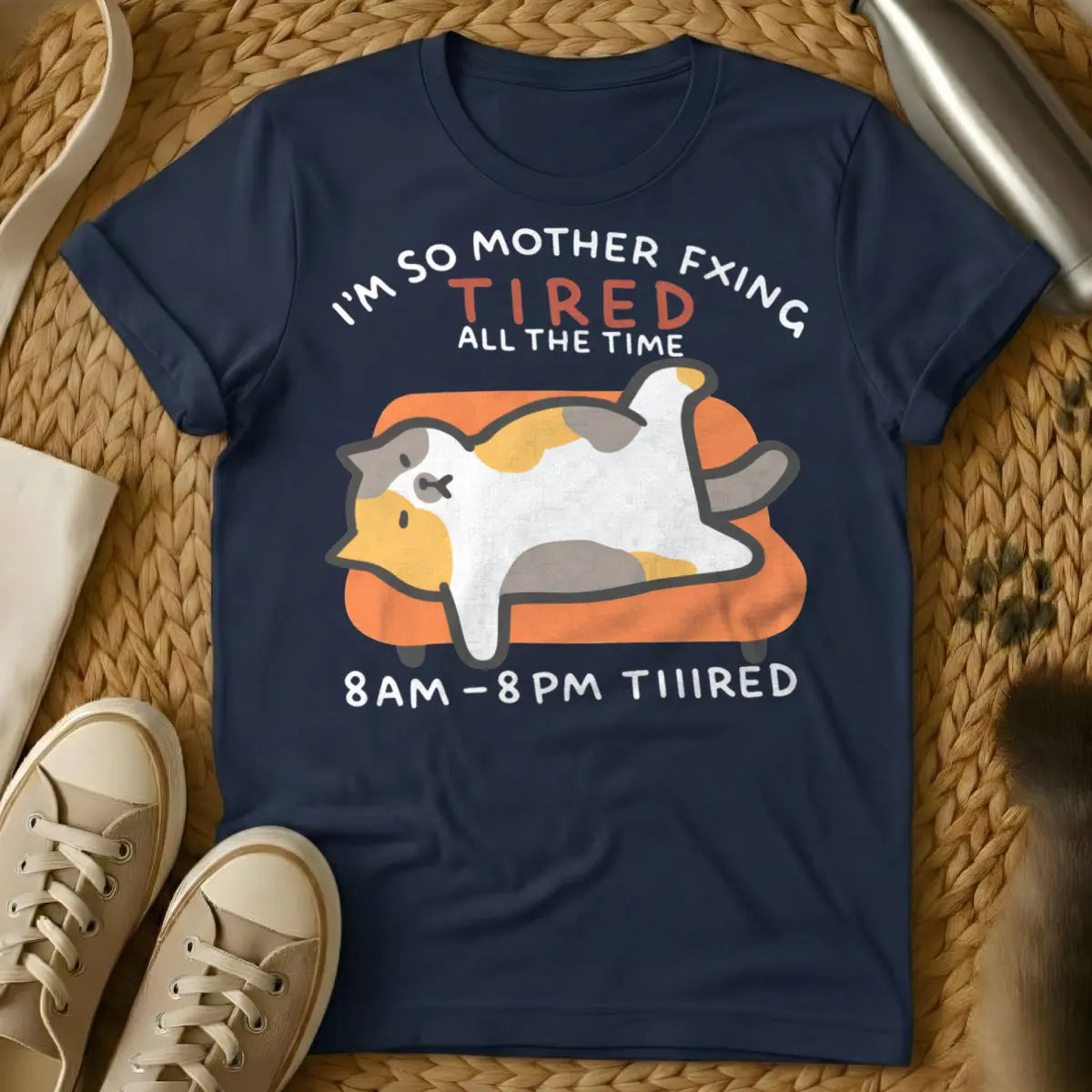 Always Tired Cat Shirt - Navy T-Shirt - burnout humor, introvert humor, napcore aesthetic