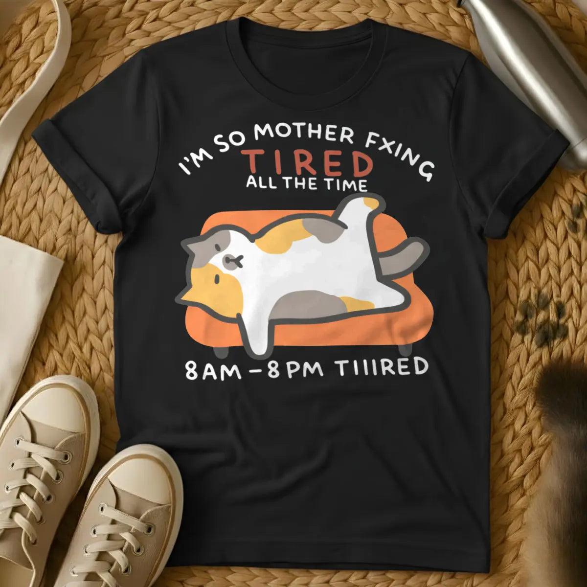 Always Tired Cat Shirt - Black T-Shirt - burnout humor, introvert humor, napcore aesthetic