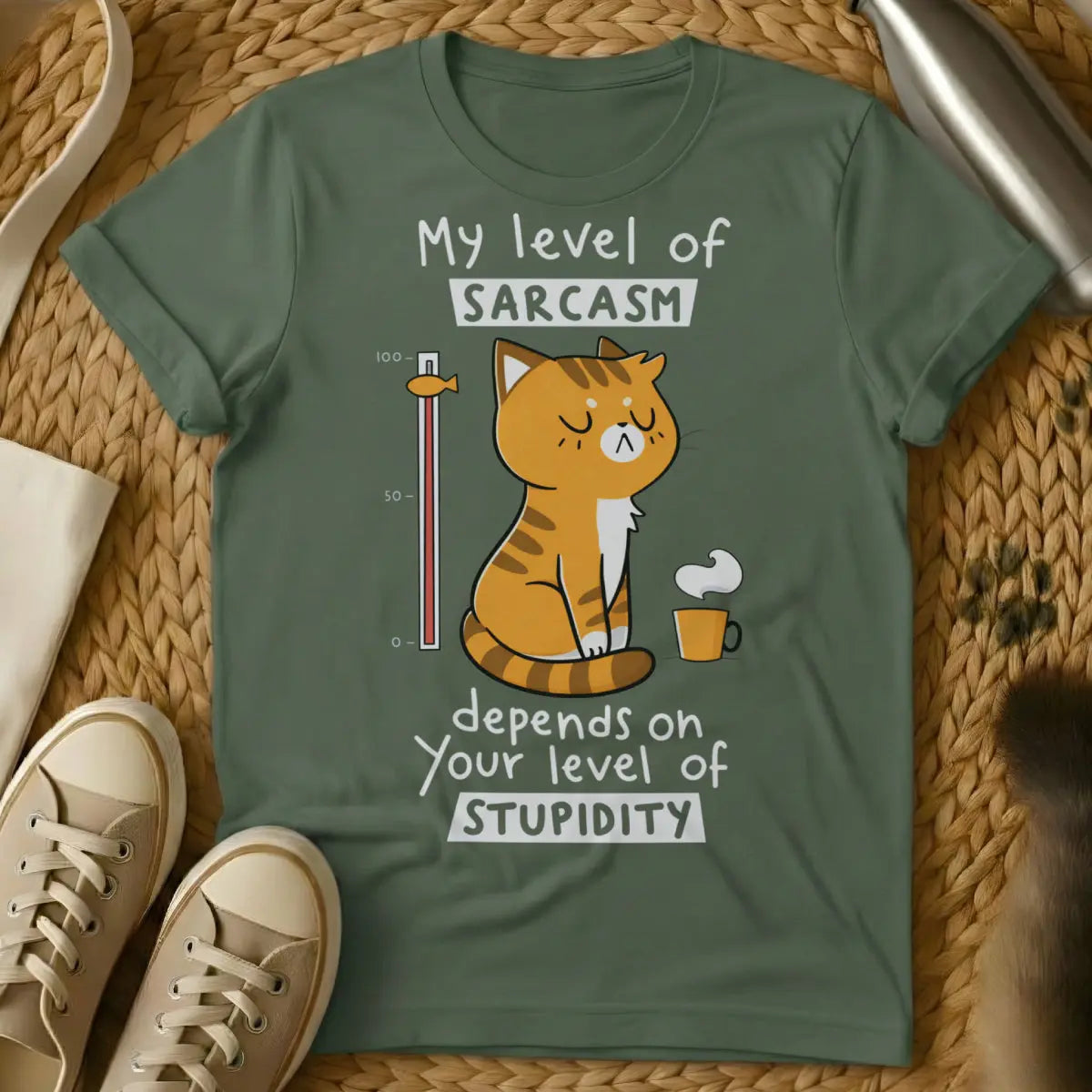 Sarcasm Level Cat Tee - Military Green Cat T-Shirt