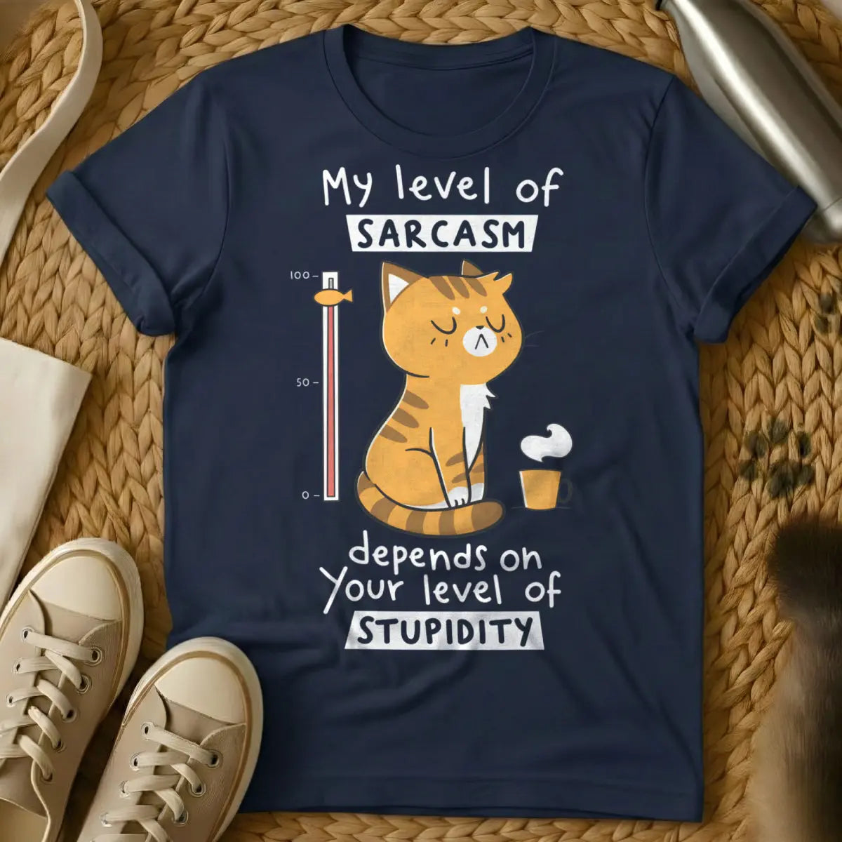 Sarcasm Level Cat Tee - Navy Cat T-Shirt
