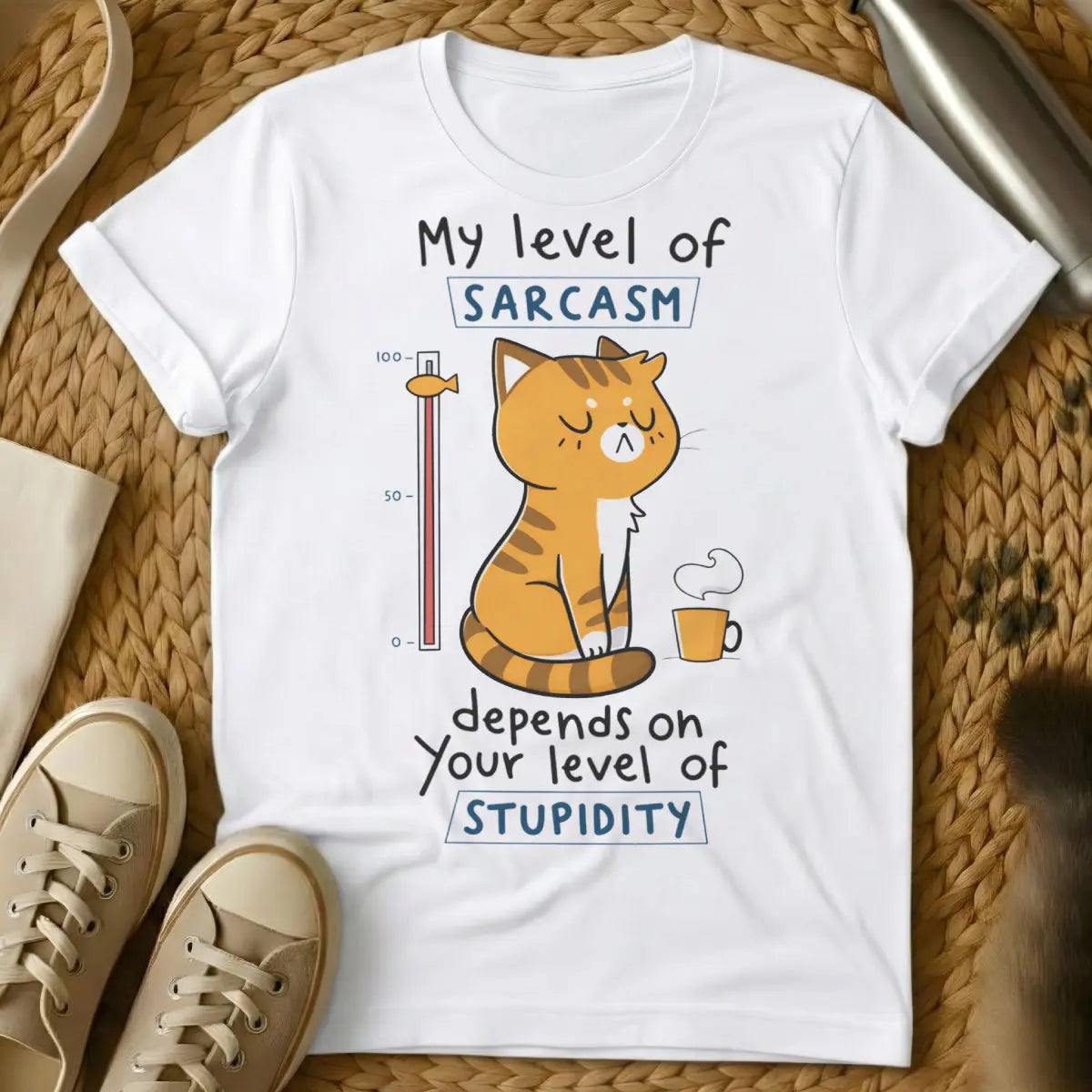 Sarcasm Level Cat Tee - White Cat T-Shirt