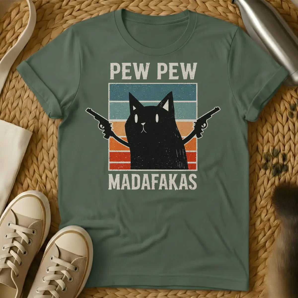 Pew Pew Madafakas Shirt - Military Green Cat T-Shirt