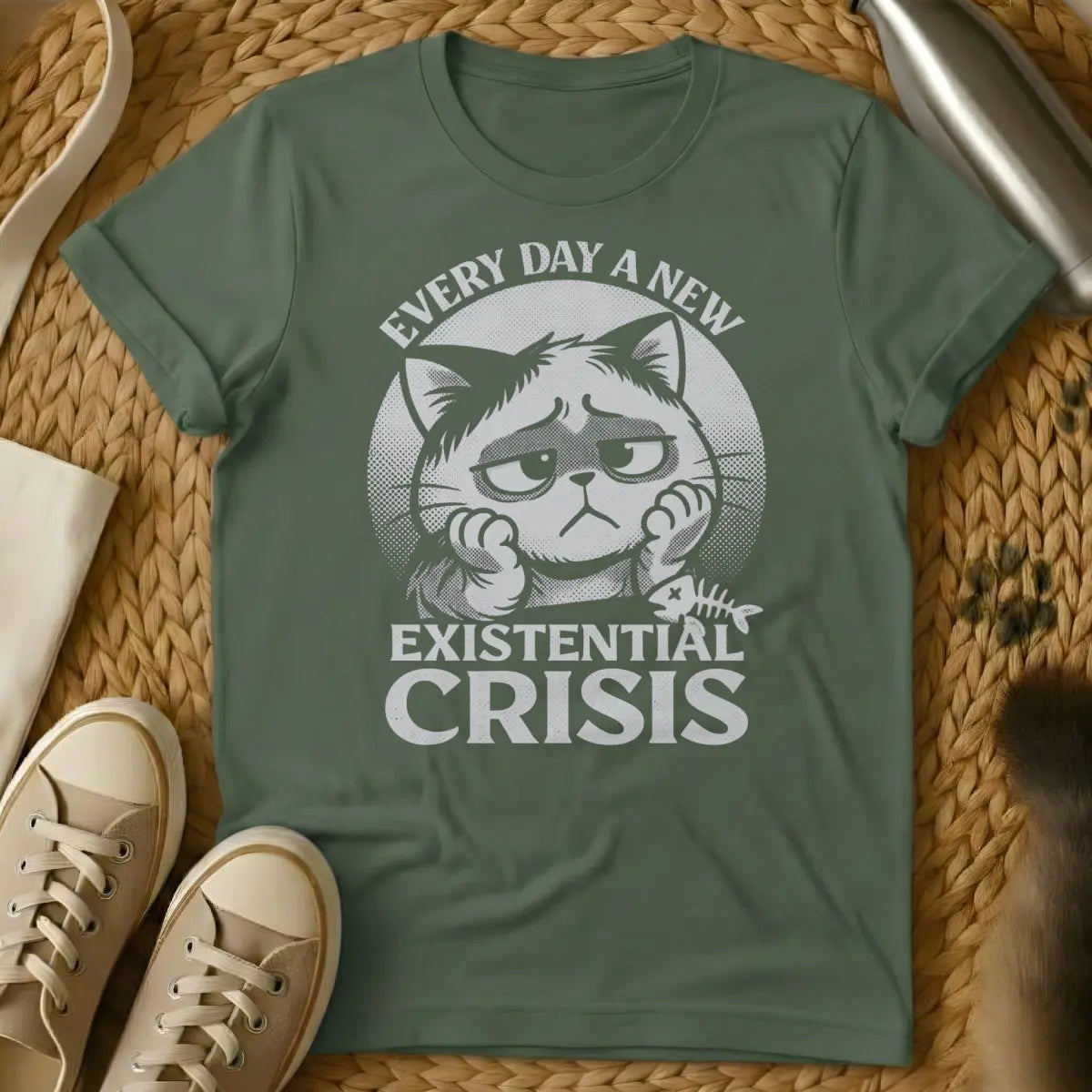 Existential Crisis Cat Shirt - Military Green T-Shirt - anxiety core, existential humor, introvert gift