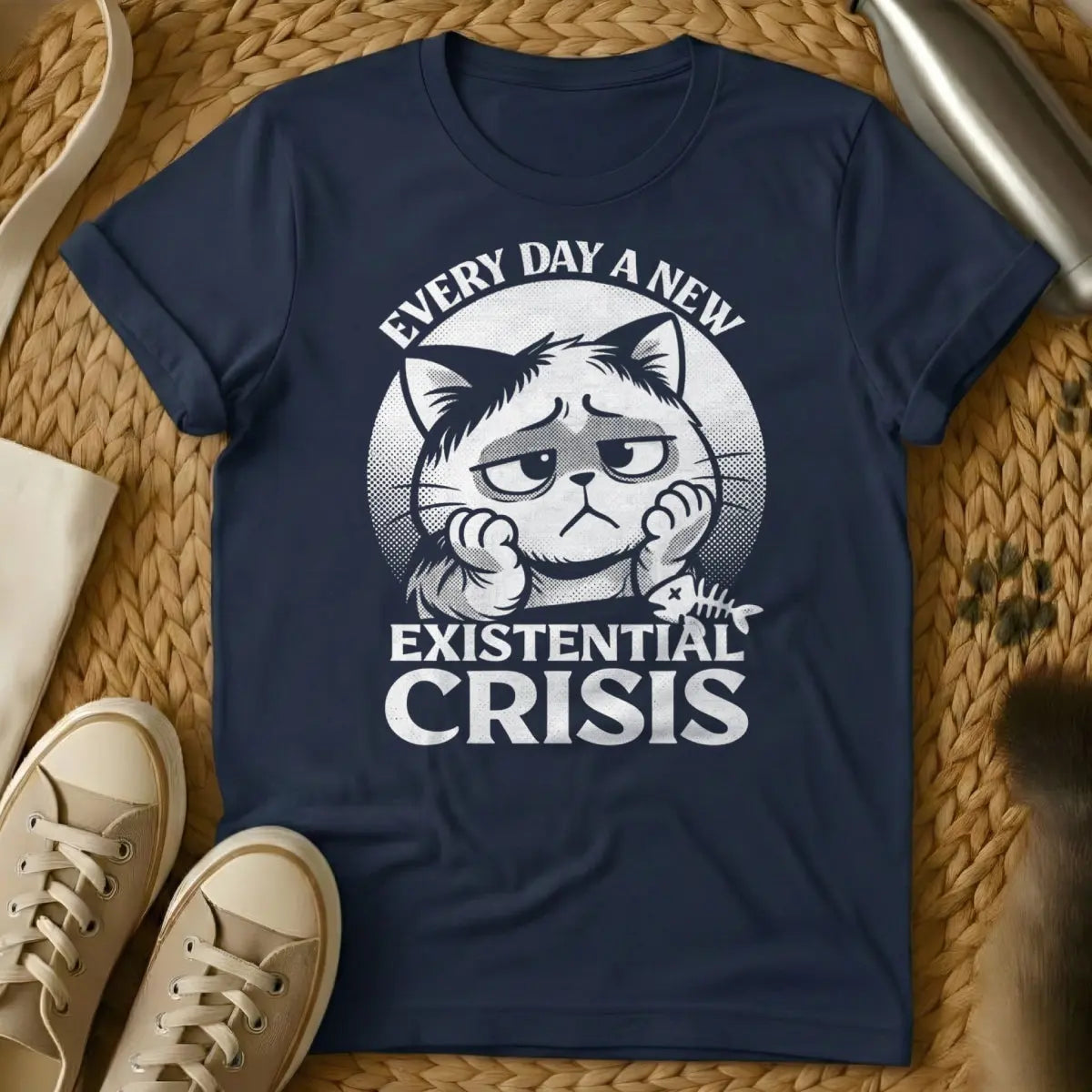 Existential Crisis Cat Shirt - Navy T-Shirt - anxiety core, existential humor, introvert gift