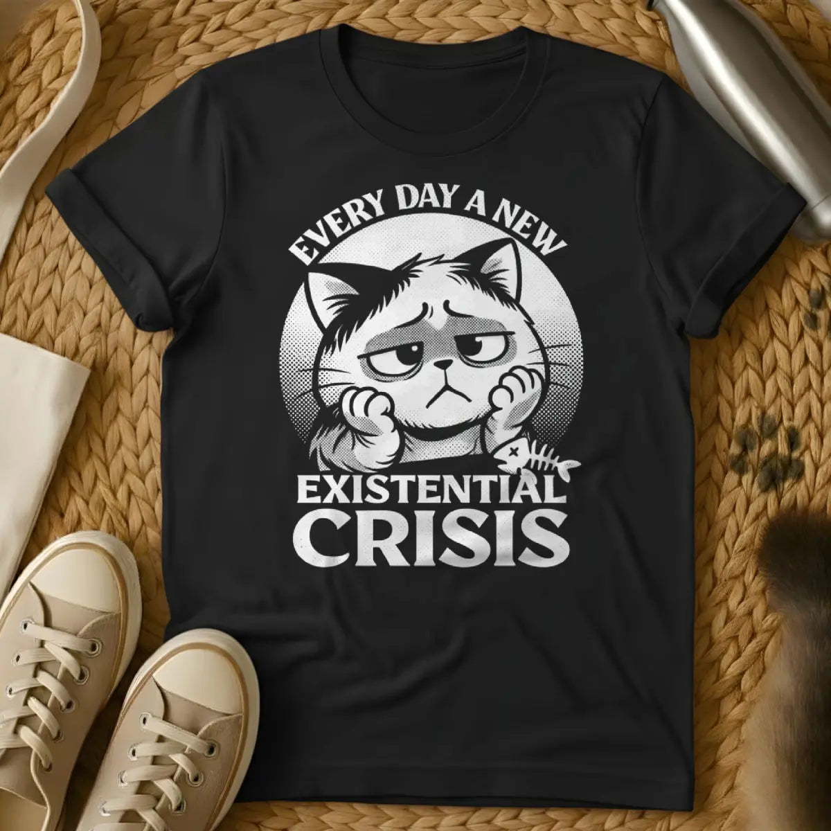 Existential Crisis Cat Shirt - Black T-Shirt - anxiety core, existential humor, introvert gift