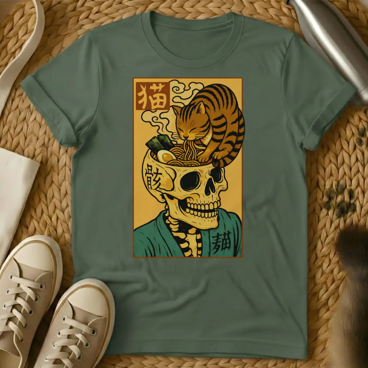 Ramen Skull Cat Shirt - Military Green Cat T-Shirt