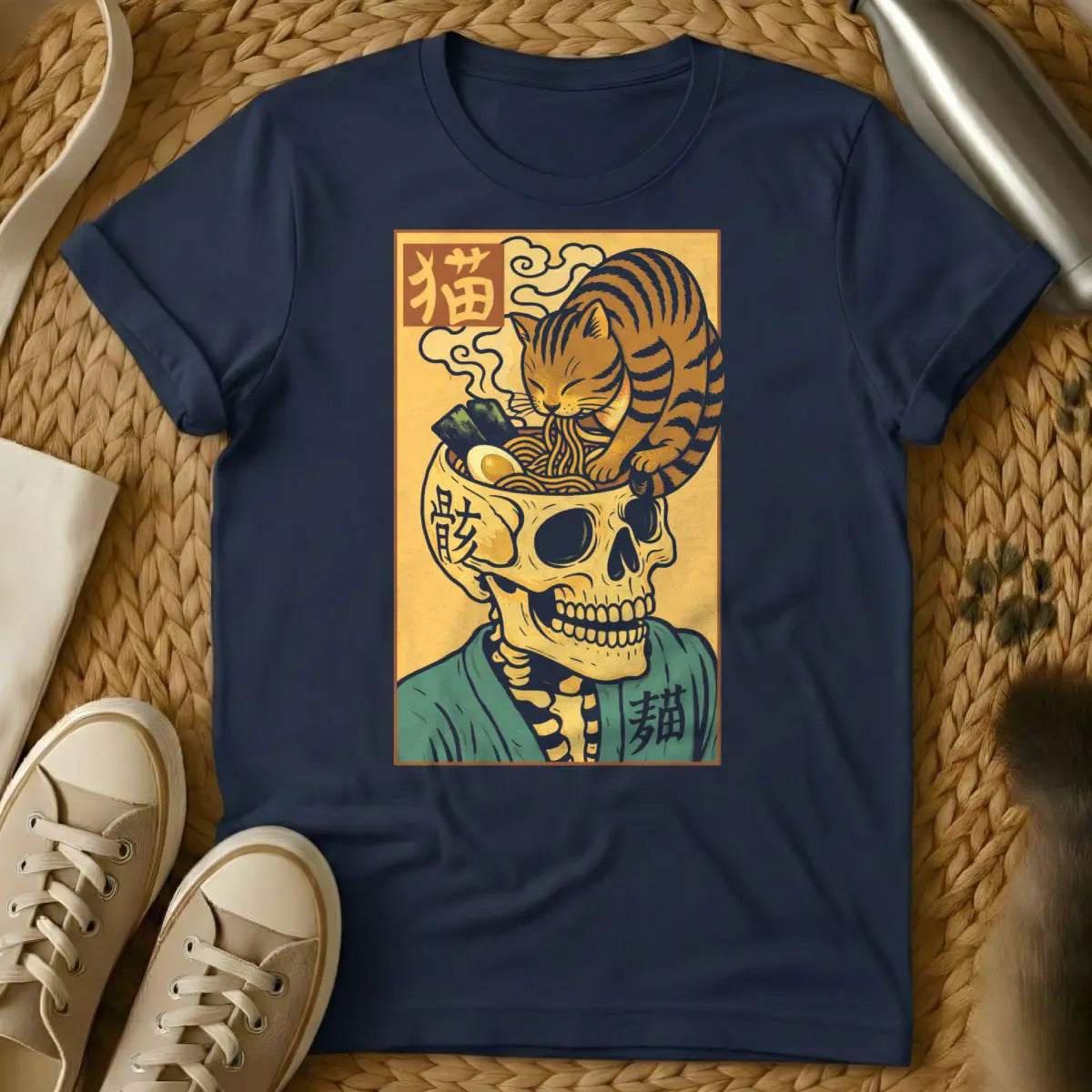Ramen Skull Cat Shirt - Navy Cat T-Shirt