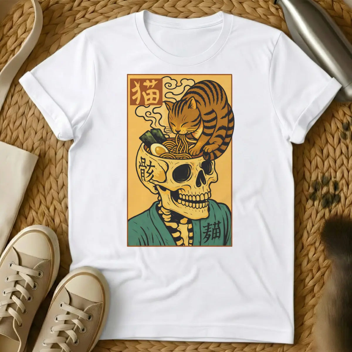 Ramen Skull Cat Shirt - White Cat T-Shirt