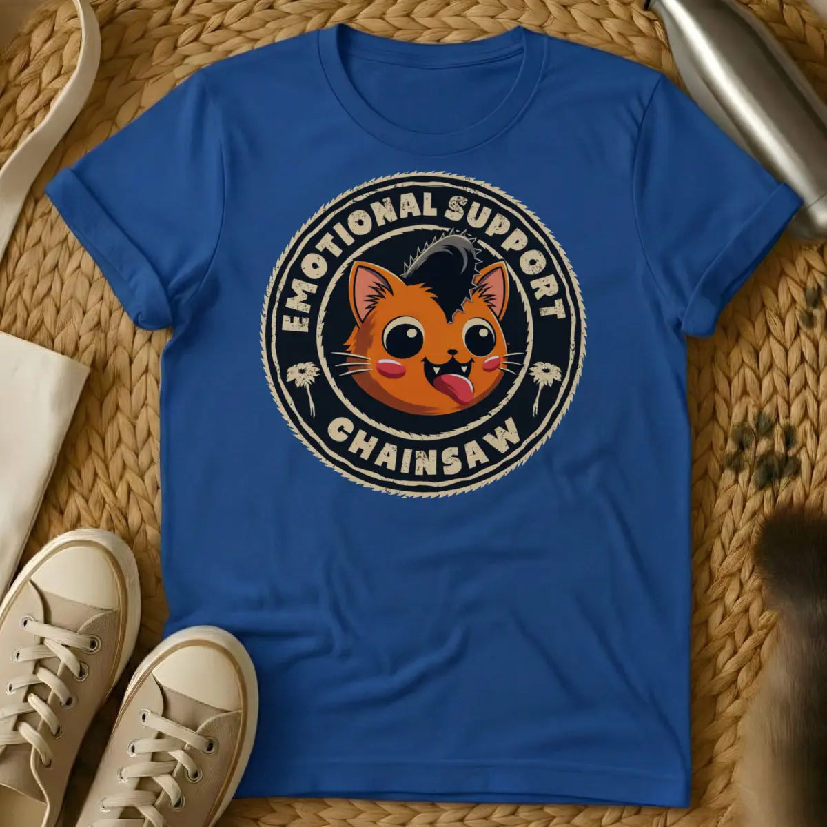 Chainsaw Cat Shirt - Blue T-Shirt - absurdist humor, cult classic vibe, edgy aesthetic