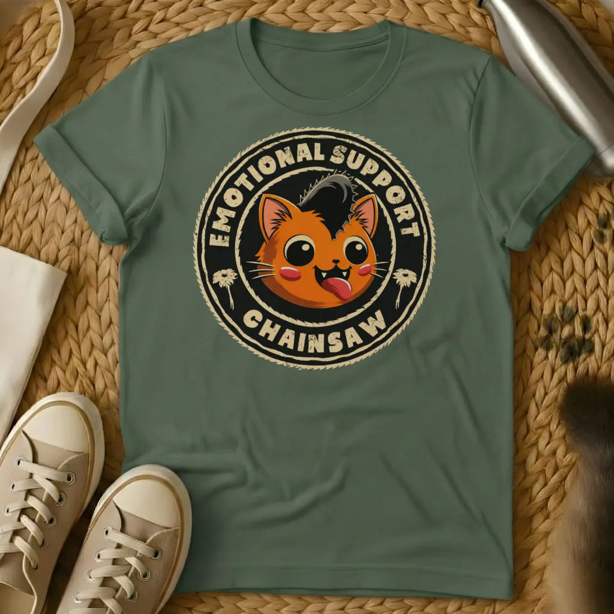 Chainsaw Cat Shirt - Military Green T-Shirt - absurdist humor, cult classic vibe, edgy aesthetic
