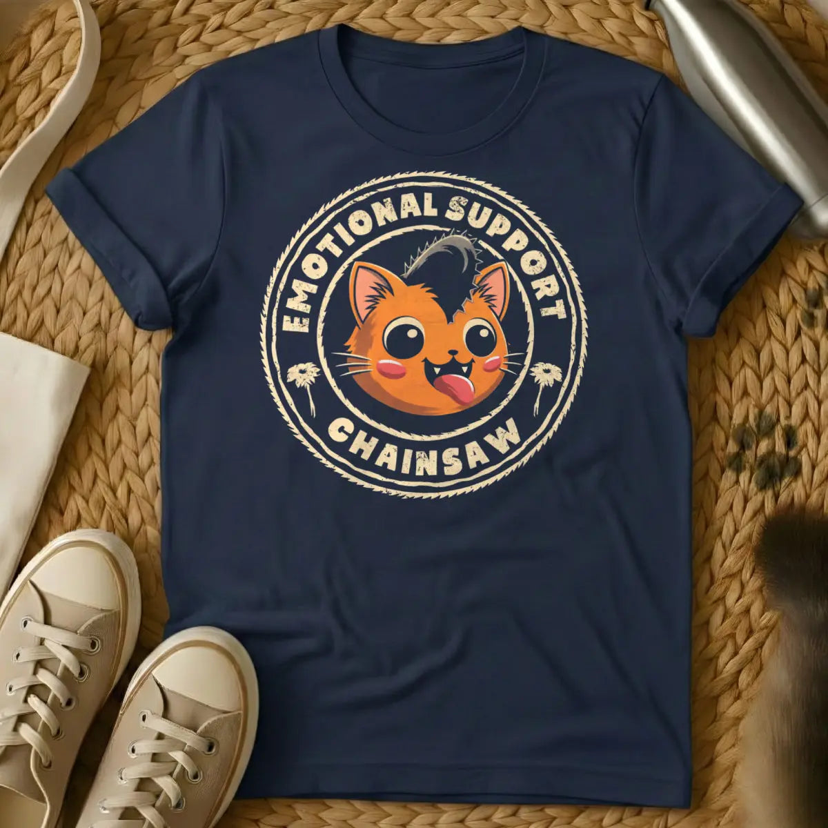 Chainsaw Cat Shirt - Navy T-Shirt - absurdist humor, cult classic vibe, edgy aesthetic