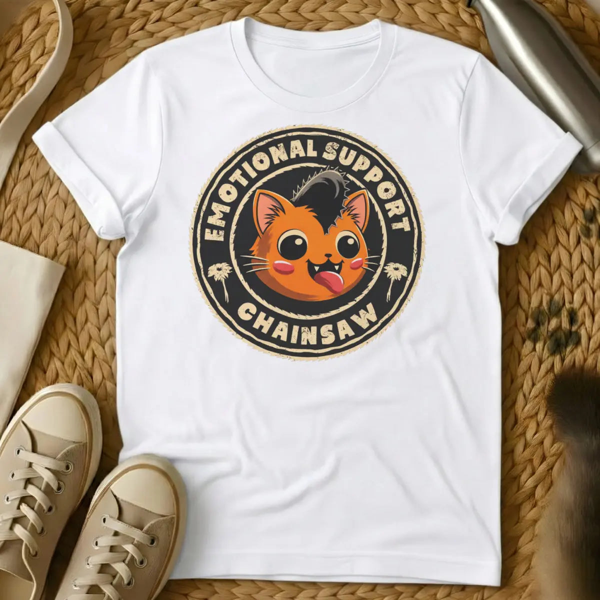 Chainsaw Cat Shirt - White T-Shirt - absurdist humor, cult classic vibe, edgy aesthetic