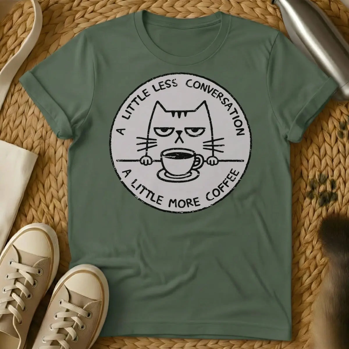 Sassy Morning Cat Tee - Military Green Cat T-Shirt